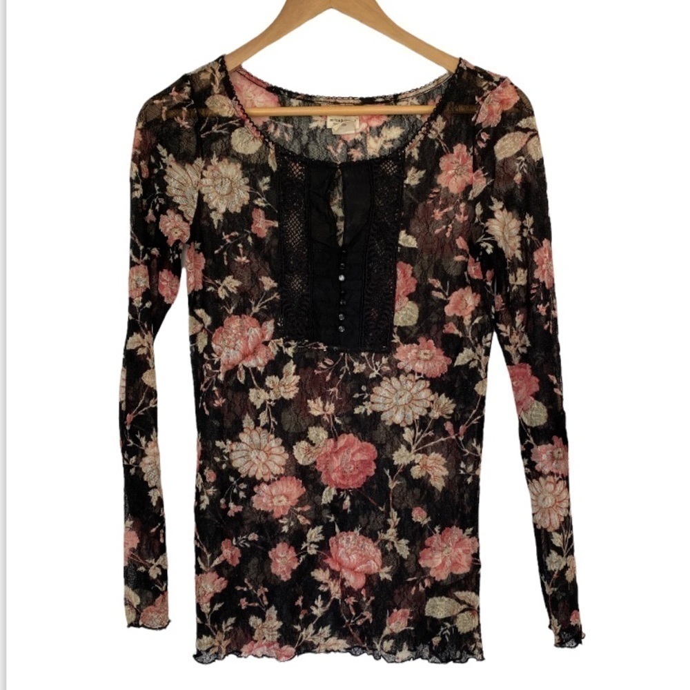 DENIM & Supply Floral Print Blouse Womens Size Medium Lettuce Trim, Button Front